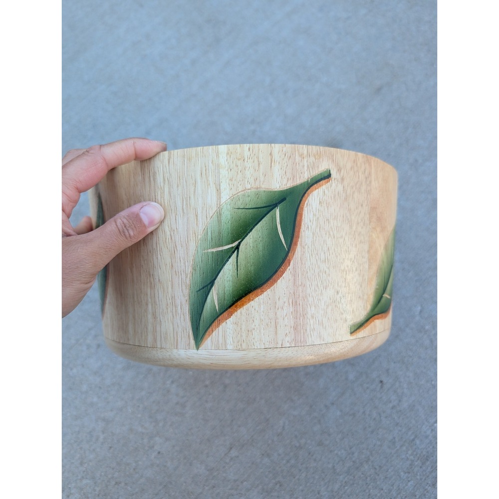 Vintage Clay Art Wooden Salad Bowl Hand Painted Green Leaves Serving Large 2001 - Picture 6 of 6